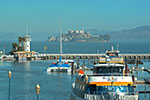 Panorama of San Francisco and Alcatraz Island from Pier 39 overpass